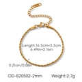 Detail of 18K gold stainless steel twist chain bracelet with size measurements and clasp - 2mm Thick Rope Bracelet (OD-B20502-2mm)