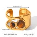 Detail view of gold wave ring with tiger eye stone including size and weight specs - Tiger Eye Wave Gold Ring (OD-R30449-BN)