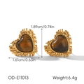 Detailed dimensions of heart-shaped tiger eye earrings with textured gold-tone frame - Vintage Irregular Heart Style (OD-E11013)