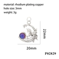 Macro detail of rhodium plated unicorn moon pendant with zirconia stones, 22mm x 20mm size - Silver Moon Unicorn Blue Purple Stone (P02829)