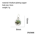 Detail of 8mm rhodium plated copper pendant with dark green crystal and dimensions - Round Silver Green Iridescent (P03008)