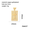 18K gold plated hip hop square pendant with cross relief and cubic zirconia stones - Cross Style (P00937)