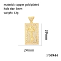 Detailed size specifications of 18K gold plated square pendant with CZ crown and key - Crown Key Style (P00944)