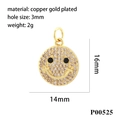 Detail of 14mm cubic zirconia smiley face pendant in 18K gold plated copper - Gold Black Eyed Smiley Face (P00525)