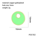 Detail of 16mm light green round pendant showing gold-plated copper material and dimensions - Light Green Circle Style(P00782)