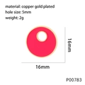 Detail view of 16mm copper gold plated hollow round pendant with magenta enamel finish - Rose Red Circle Style(P00783)