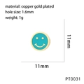 Macro detail of 11mm brass gold plated bead with cyan enamel smiley face design - Turquoise Style (PT0031)