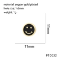 Detail view of 11mm copper gold plated smiley bead with dimensions and technical specs - Black Style (PT0032)
