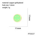 Detailed view of an 11mm neon green copper gold-plated smiley face bead with a 1.6mm hole - Fluorescent Green Style (PT0037)