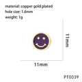 Detail view of a 11mm purple enamel smiley face charm made of copper gold plated metal - Purple Style (PT0039)