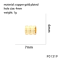 Vue détaillée du diamètre de 4mm et des dimensions de la perle en cuivre doré - Style Cylindrique à Large Trou (P01319)