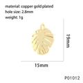 Close-up of 19x15mm hollow monstera leaf pendant in gold-plated copper with dimensions - Monstera Leaf Style (P01012)