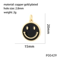 DIY smiley face pendant in gold-plated copper with black enamel and dimensions labels - Black Style (P00429)