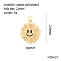 Gold-plated copper sunflower smiley face pendant with white zircons and black enamel details - Pink Mouth Style (P00421)