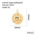 Detail of sunflower smile pendant in gold plated copper with white stone accents - Orange Mouth Style (P00422)