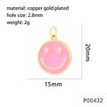 Macro detail of 15mm copper gold plated pink smile face pendant with dimensions and weight - Pink Style (P00432)
