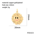 Detail showing 24mm gold plated copper sunflower smile pendant with dimensions and weight - White Mouth Style (P00423)