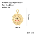 Detail of sunflower smile pendant in gold-plated copper with size and weight metrics - Light Blue Mouth Style (P00424)