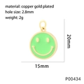 Detail showing 15mm green enamel smiley face pendant with gold plating and dimensions - Bright Green Style (P00434)