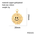 Detail view of copper gold-plated sunflower smiley pendant with size and weight metrics - Dark Blue Mouth Style (P00425)