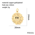 Detailed close-up of a gold-plated sunflower smiley pendant with white sparkling rhinestones - Black Mouth Style (P00426)