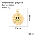 Detailed technical diagram showing 24mm gold plated sunflower smile pendant dimensions - Green Mouth Style (P00428)