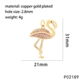 Pink zircon flamingo pendant in gold-plated copper for watch straps and necklaces - Large Flamingo Style (P02189)