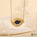 Detailed close-up of golden evil eye triangle pendant with blue beads on white tray - Classic Light Blue Eyeball Style (NE2265-D-5)