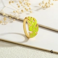 Detail of gold leaf ring featuring vibrant green enamel and tropical vein patterns - Adjustable Open / Green Style (RG0721-G)