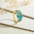 Detail view of a gold-plated leaf ring with blue enamel texture and adjustable open band - Adjustable Open / Blue Style (RG0721-I)