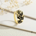 Detailed view of bohemian gold leaf open ring with black enamel inlay on white background - Adjustable Open / Black Style (RG0721-J)