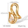 Macro detail of gold-plated curved open ring featuring a large teardrop zircon stone - Pear Shape Zirconia Streamline Wave Shape Style (OD-R30500)