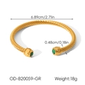 Detail view of 18k gold plated twisted cable bangle with green stone ends and dimensions - Twisted Green Gemstone Style (OD-B20059-GR)