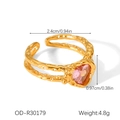 Detail of pink heart gemstone on a gold-plated hammered texture adjustable ring - Pink Heart Stone Double Layer Open Style (OD-R30179)