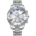 Macro detail of men's steel watch featuring a white dial and textured industrial bezel - Silver White