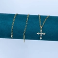 S925 sterling silver gold plated Figaro chain necklace with paved cross pendant - Figaro Chain And Cross Necklace Combination / Gold