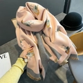 Pink and grey cashmere scarf with robin bird prints and short tassel fringe edges - Pink