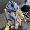 Double-sided blue and beige cartoon bird pashmina scarf with tassel edges - Blue