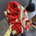 Thick red and grey cashmere-like scarf with cartoon lucky cat pattern and tassels - Red