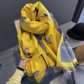 Thick yellow faux cashmere scarf with realistic bird pattern and grey contrast edge - Yellow