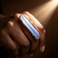 Close-up of raw kyanite rectangle ring with handmade copper adjustable band details - Adjustable Open / Blue (Natural Stone)