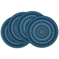 Set of four circular mandala style coasters with blue and teal dot patterns - Dark Blue Mandala Dot Art Pattern (DCP1-4)