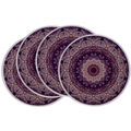 Set of 4 purple round linen placemats with colorful mandala print and white stitched edges - Dark Purple Persian Style Mandala (DCP1-20)