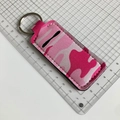 Detail of pink camo neoprene lipstick holder with silver metal keychain ring - Pink Camouflage