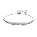 Adjustable 925 silver bolo bracelet with a zircon-encrusted bow charm for women - 925 Silver / White Gold
