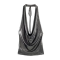 Sexy silver metallic draped cowl neck halter top for women isolated on white background - Silver Gray / S