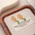 Detail of vintage gold flower earrings with green faux jade teardrops and leaf accents - Flower Cluster Green Gemstone (E5226-2)