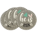 Set of 4 round linen Easter placemats featuring He is Risen text and bunny designs - Placemat Set / He Is Risen Religious Theme (ECP1-014)