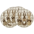 Set of 4 round linen placemats with Easter bunny prints for festive table decor - Placemat Set / Three Easter Bunnies (ECP1-002)
