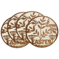 Round linen placemats with brown Happy Easter bunny and leaf print, 4-piece set. - Placemat Set / Happy Easter Forest Style (ECP1-005)